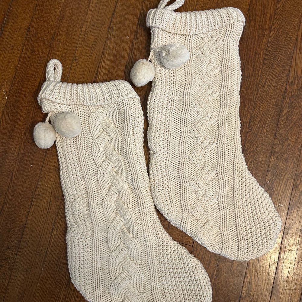Cozy Ivory/Cream Knit Christmas Stockings with Pom-Poms
